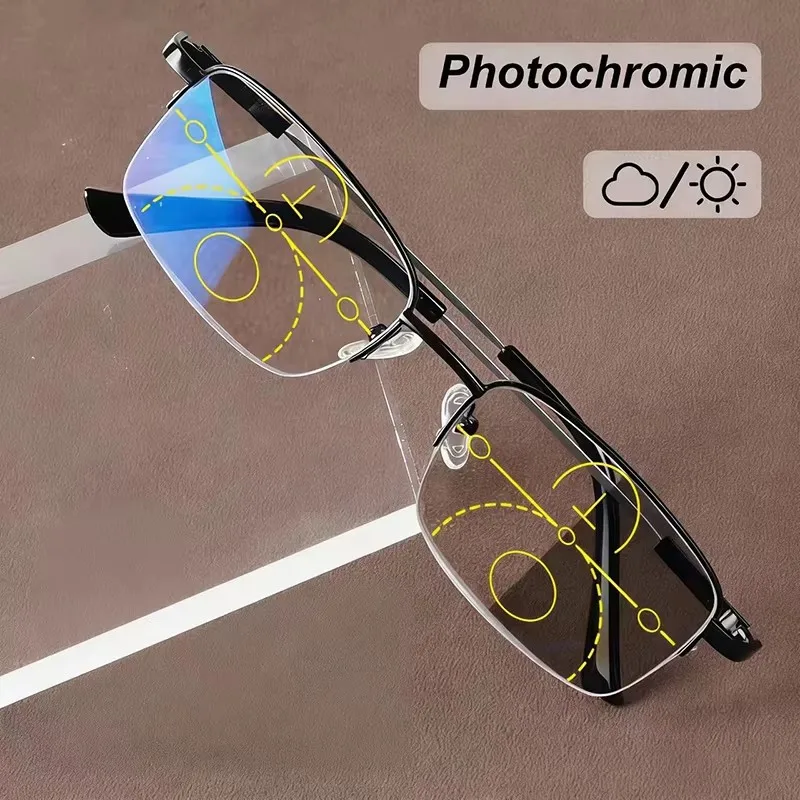 Multifocal Photochromic Progressive Reading Glasses Men Anti-Reflective Half-Frame Eyeglasses High Quality Near Far Sight Glass