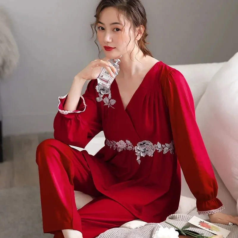 15011-4Spring and Autumn Japanese Pajamas Women's Long Sleeve Pure Cotton Sexy Elegant Palace Style Thin Kimono Home Service Set