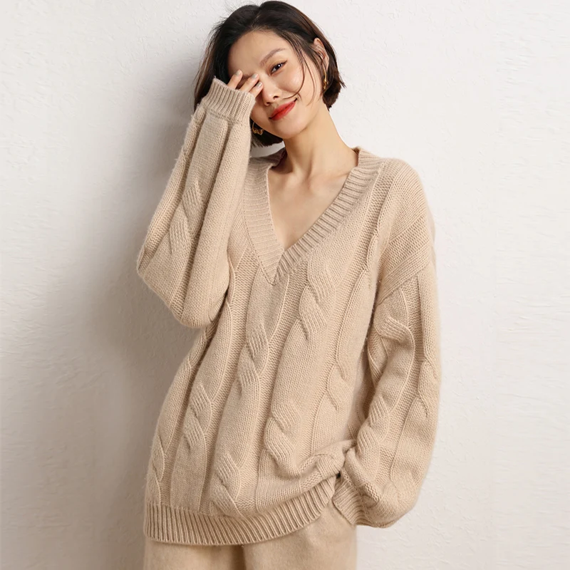 Hot Sale 2022 Autumn Winter 100% Pure Cashmere Sweater V-Neck Women\'s High Quality Soft Female Loose Thickened Knitted Jumper