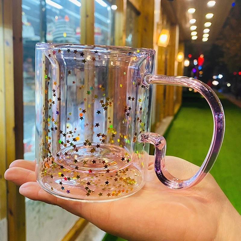 Star Double Wall Glass Coffee Mug With Beautiful Sequins Bubble Heat Resistant Kawaii Cute Breakfast Tea Water Cup Handle Mugs