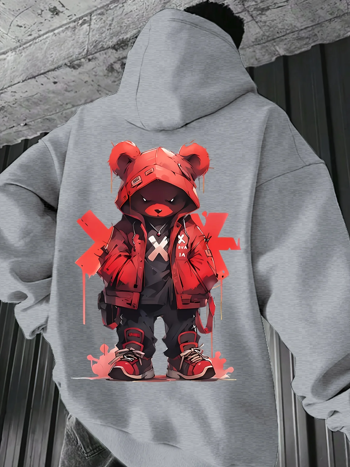 Herren-Hoodie mit Schwarzer OG-Bären-Grafik, Rotem X-Design und Drip-Effekt, Streetwear-Pullover für Urbane Mode – Detail 3