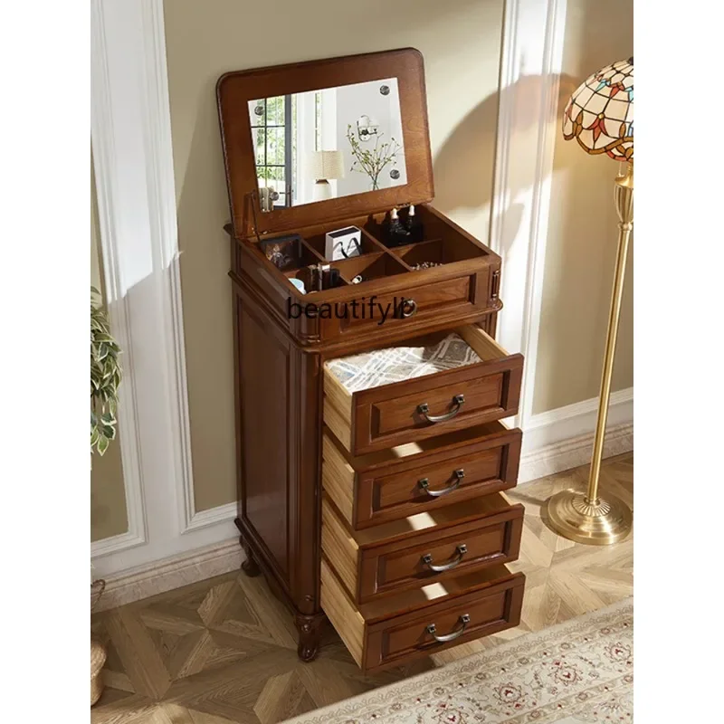 Solid Wood Chest of Drawers Bedroom Dressing Table Storage Cabinet with Mirror European Style Storage Cabinet