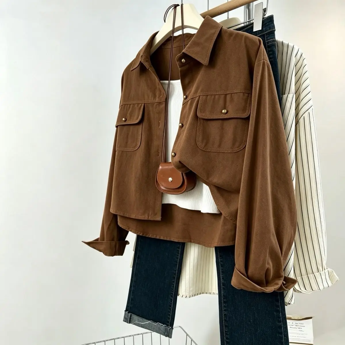 Short Loose Women's Jacket Spring Autumn New Style Utility Style Versatile Outerwear Top Windproof Straight Hem Button Closure