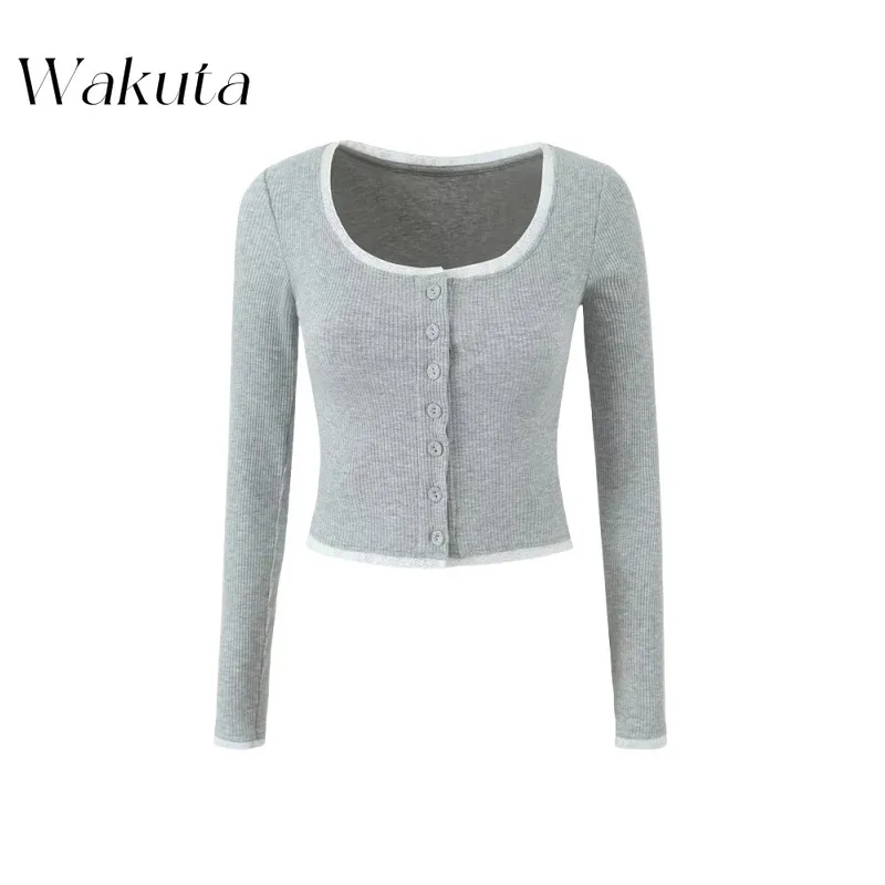 WAKUTA Retro Round Neck Long Sleeved Lace Stitch Knit Sweater Early Autumn Fashion Single Breasted Slim Fit Short Top 여성 반팔 니트