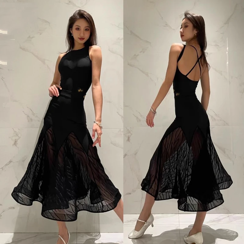 

Summer Ballroom Dance Clothes Women Sleeveless Black Tops See Through Skirt Latin Practice Wear Waltz Dance Dress