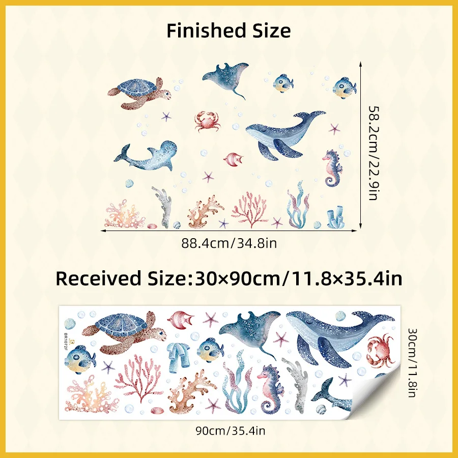 Cartoon Whale Turtle Ocean Animal Seaweed Watercolor Kids Wall Sticker Vinyl Nursery Art Decals for Babys Boys Room Home Decor