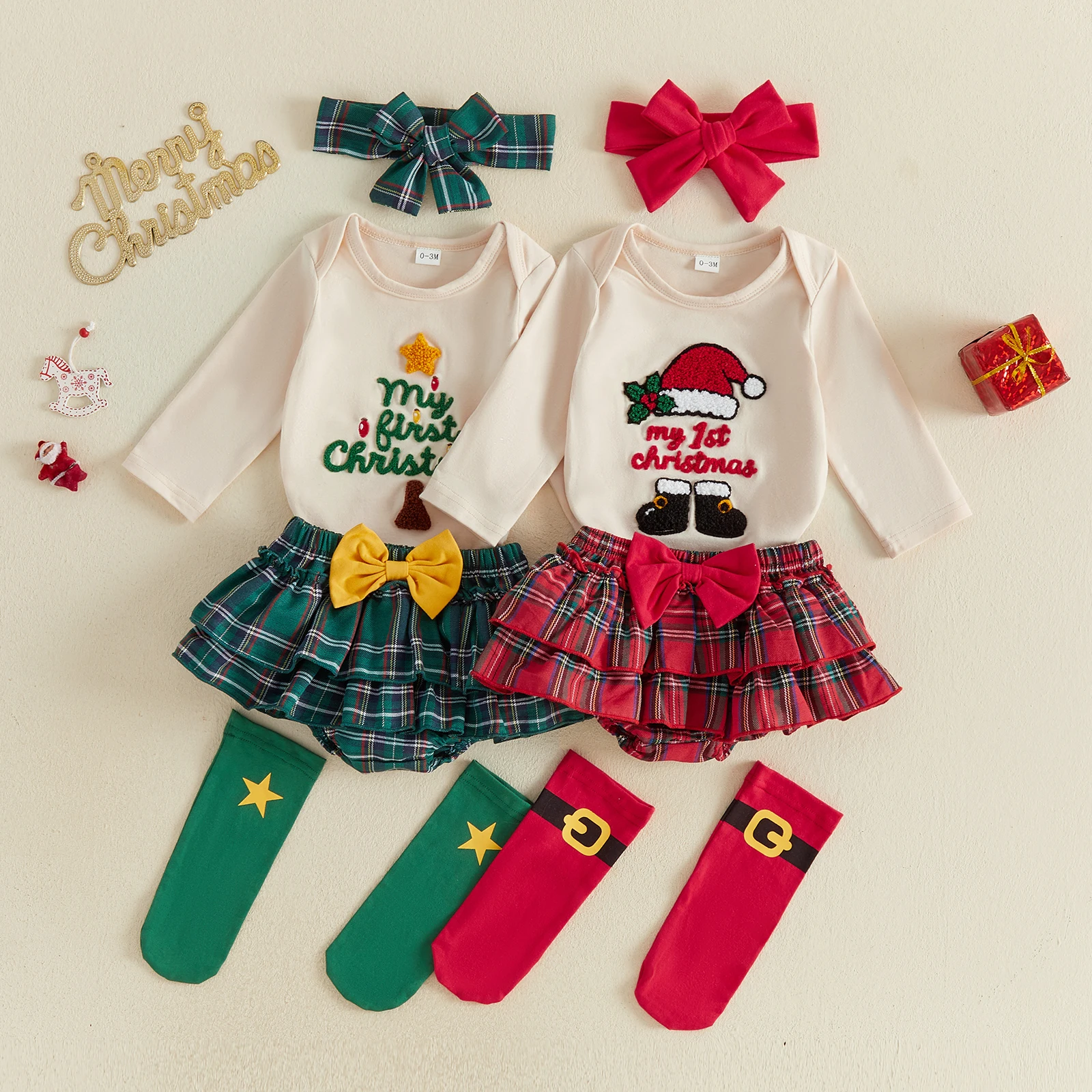 Baby Girl My First Christmas Outfit Romper Plaid Ruffled Shorts Headband &Stockings 2026 Xmas Costume Set