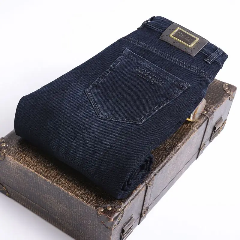 الرجال الدنيم السراويل الخريف الشتاء جديد عادية مطاطا السراويل الطويلة مستقيم الساق رجال الأعمال بناطيل كاجوال مريحة تناسب الجينز