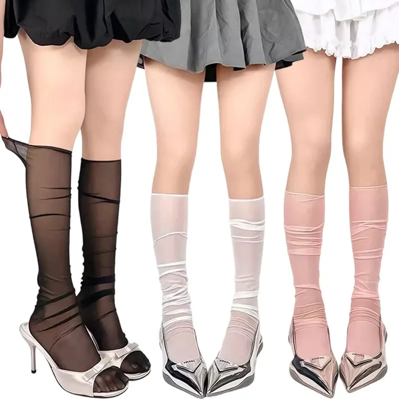 New Women Lolita Socks Y2K Solid Long Loose Socks Female Spring Breathable Lace Casual Sweet Soft Korean Over the Knee Stockings