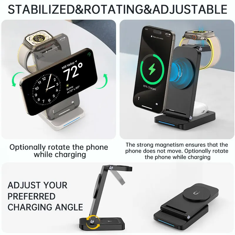 3 in 1 Wireless Charger Desktop Stand 15W Fast Charging Dock Station for iPhone 15 14 13 12 11 AirPods Apple Watch Magnetic Char