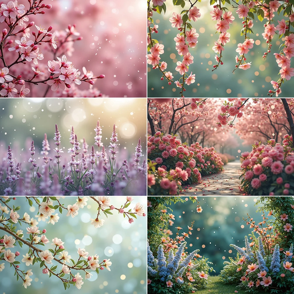 

MOON.QG Spring Photography Photo Studio Background Wonderland Pink Flower Blossom Green Forest Backdrop Child Photozone Supplies