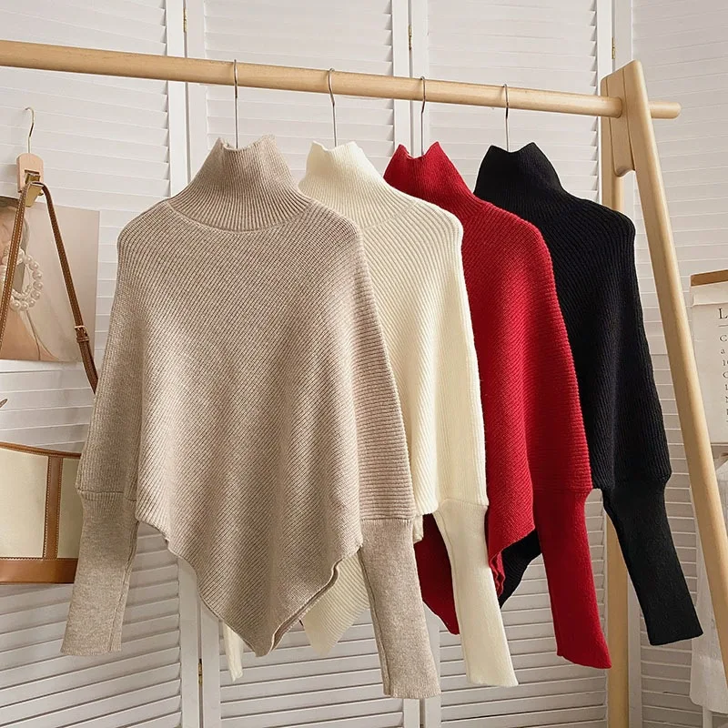 High Neck Knit Pullovers Women Fall Winter Korean Casual Loose Asymmetric Long Sleeve Sweater Tops 4 Colors