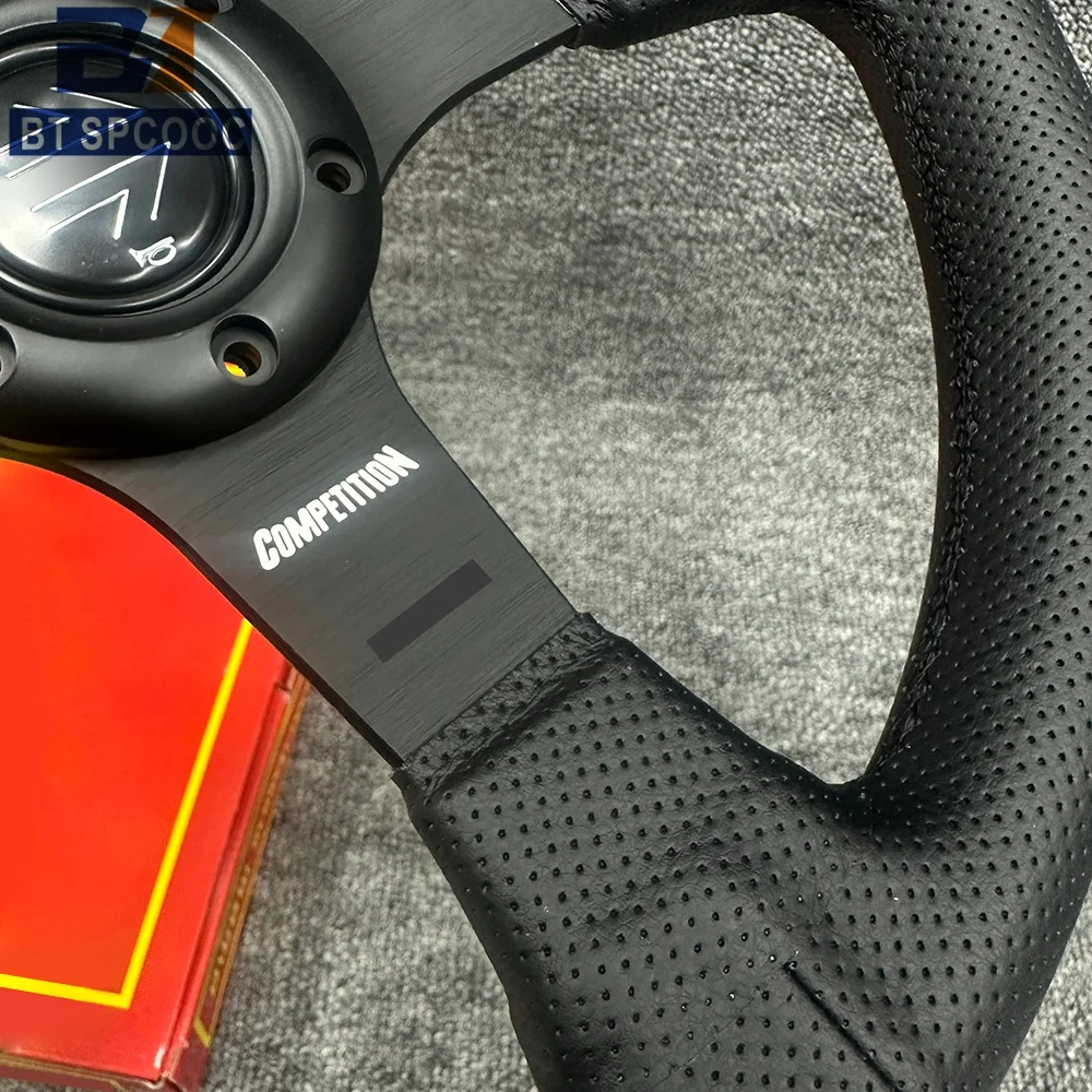 Blau-Gelb Genähtes Italien-Stil V1 Lenkrad Echtes Leder 14 Zoll 350mm Flach Italienische Rückseitengravur Racing Street Sport – Detail 5