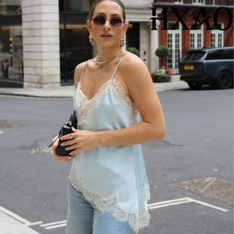 HXAO Top corto de encaje para mujer, Top azul Sexy con espalda descubierta, camisola sin mangas para mujer, Tops de fiesta, Top asimétrico negro amarillo