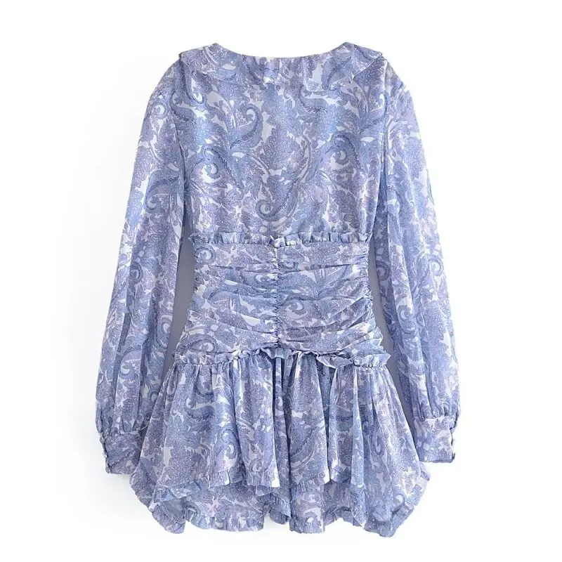 Women's Spring Casual V-Neck Ruffled Waist Lantern Sleeve Mini Dress, Perfect for Outings and Travel