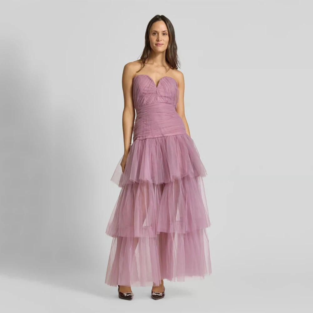 

Dream Classic Pink Evening Dress Tulle for Ankle-Length Sweetheart Sleeveless Prom Dress Tiered Vestidos De Fiesta Customized