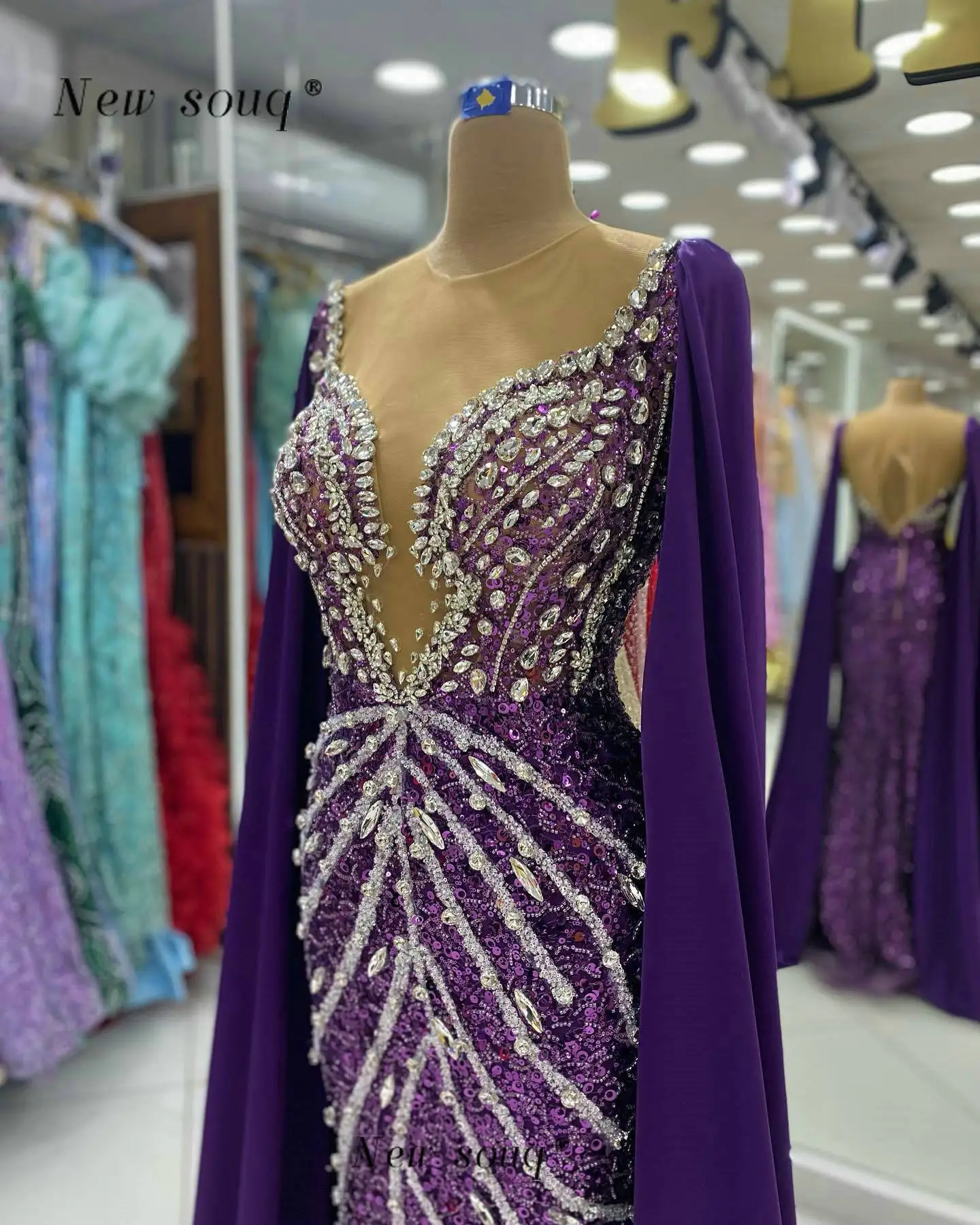 Dubai Arabic Purple Mermaid Elegant Cape Sleeves Evening Dresses Luxury Crystals Stones Prom Gowns For Women Wedding Party 2024