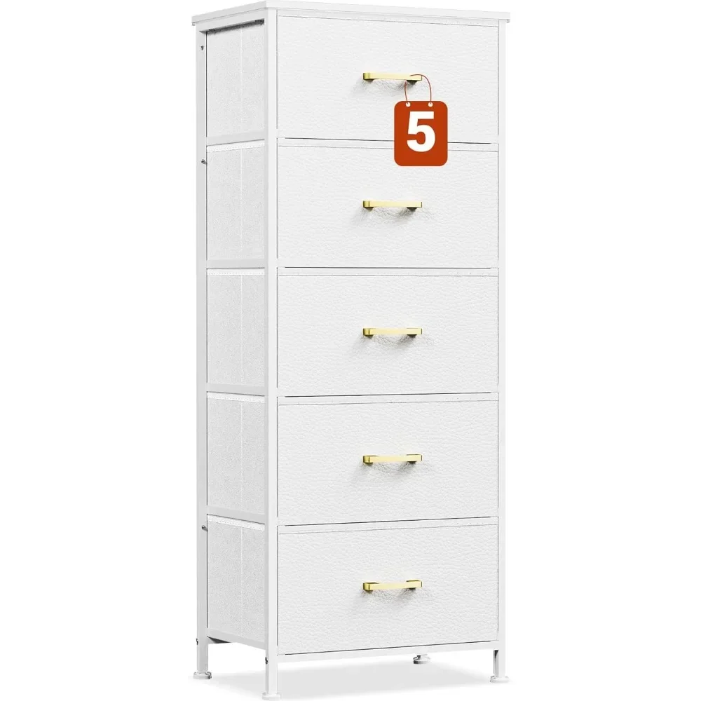 

Tall Dresser for Bedroom with 5 Drawers for Closet, Chest of Drawers W/Metal Handle, Leather Front, Wood Top, Dresser for Closet