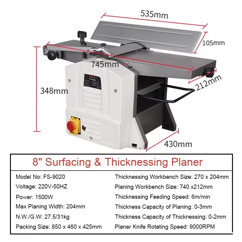 2026-FS-9020 8" Electric Planer Wood Planing Machine for Wood Cutting