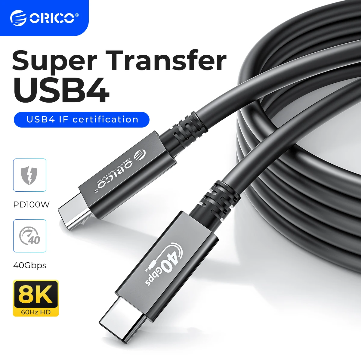 Kabel ORICO USB4 Certyfikat USB-IF Kabel USB C HD 8K @ 60Hz PD100W Szybkie ładowanie 40 Gb/s Transfer danych dla Thunderbolt 3 Macbook