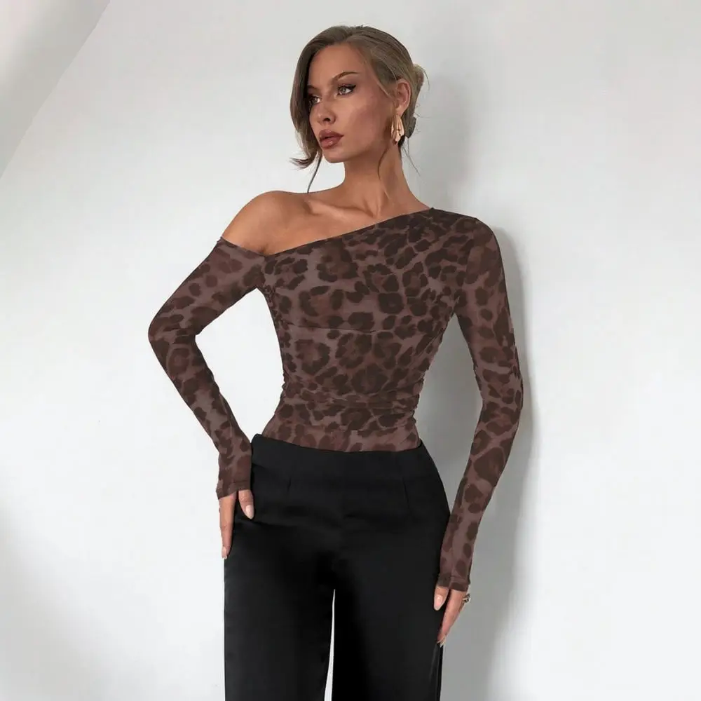 Sexy Leopard Bodysuit Women Off Shoulder Long Sleeve Slim Fit Jumpsuit Elegant Rompers Fashion Streetwear Bodycon Tops