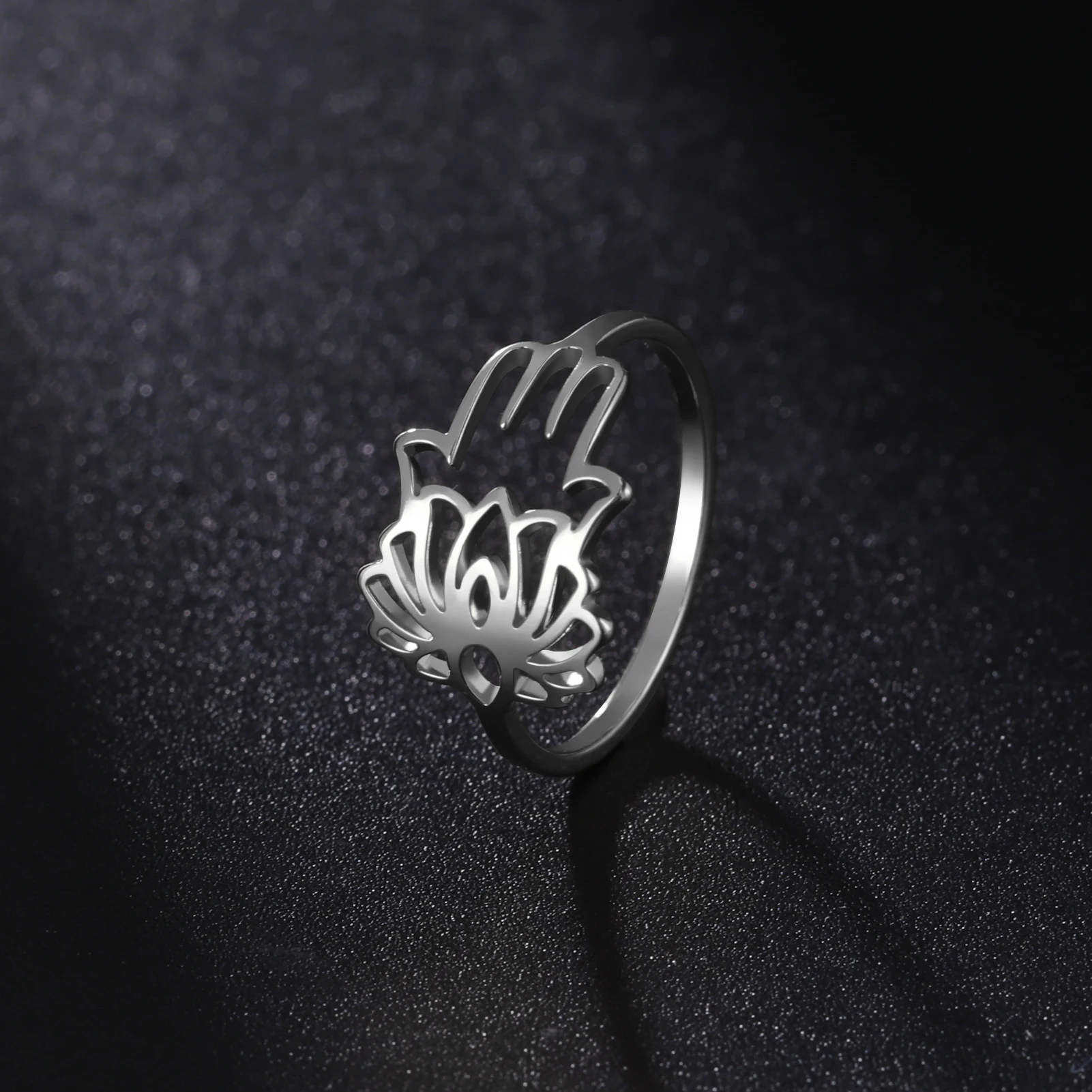 Kkjoy Damenringe, silberfarben, Hamsa, Hand der Fatima, Edelstahl, weibliche Persönlichkeit, hohler Schmuck, Accessoires, Mädchen-Geschenk – Detail 16