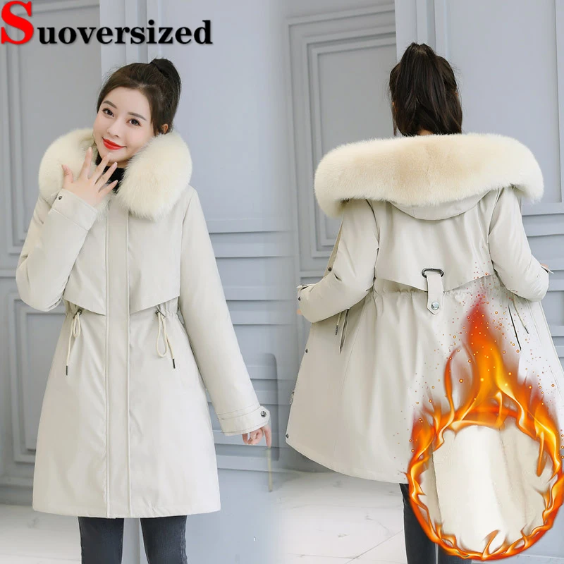 

Winter Faux Fur Collar Hooded Parkas Plush Lined Mid-length Jackets Windproof Warm Women Abrigos Thicken Oversized 6xl Chaquetas