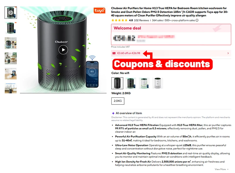 Luftreiniger mit H13-HEPA-Filter, der Gerüche, Rauch und Tierhaare entfernt. Geeignet für Schlafzimmer im privaten Bereich, CADR 185 m³/h, für Räume mit einer Fläche von 40 Quadratmetern. – Detail 1