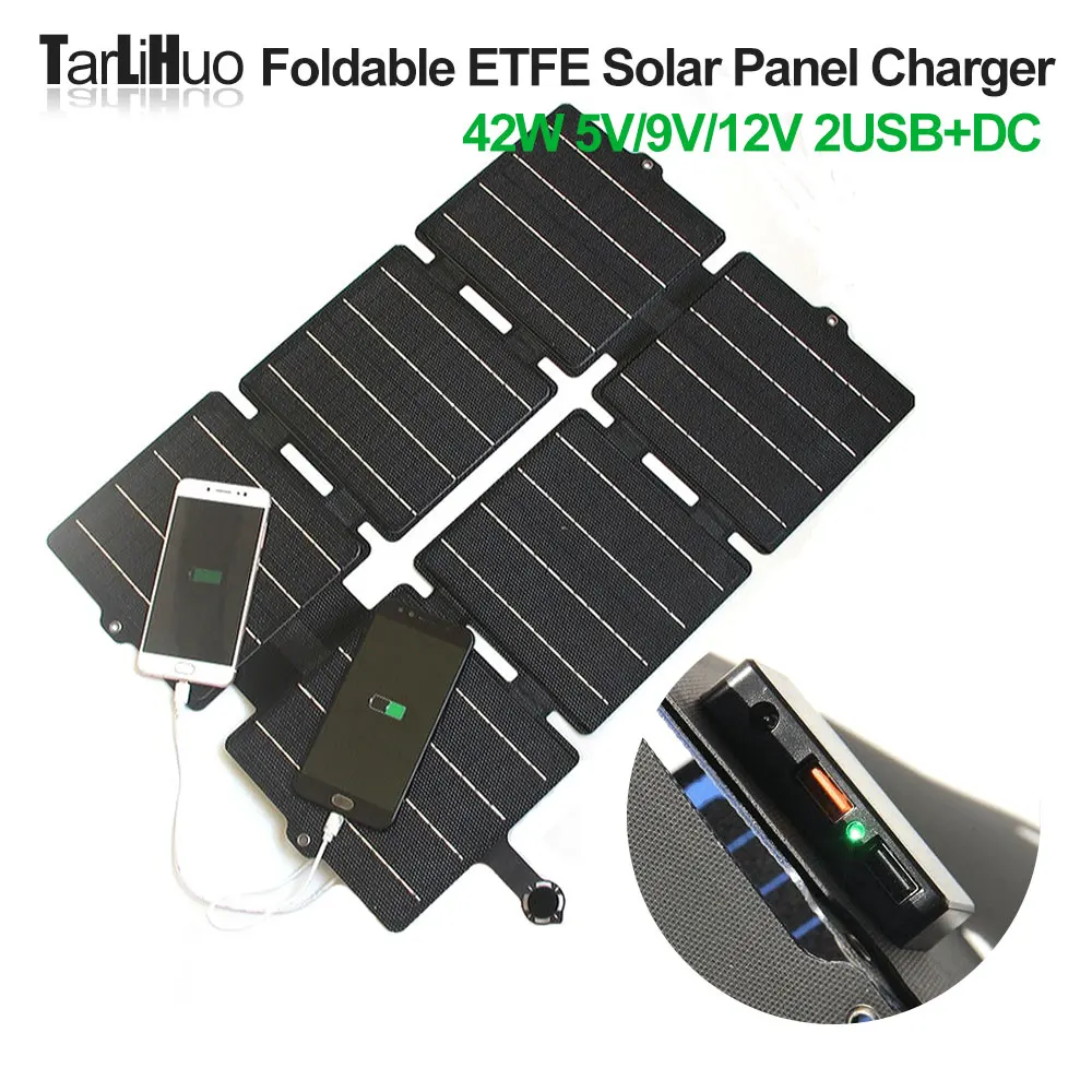 ETFE 42Watt Portable Solar Power Bank Folding Solar Panel Black Solar Cell Dc12V USB Fast Charge  for Outdoor Camping PV Plate