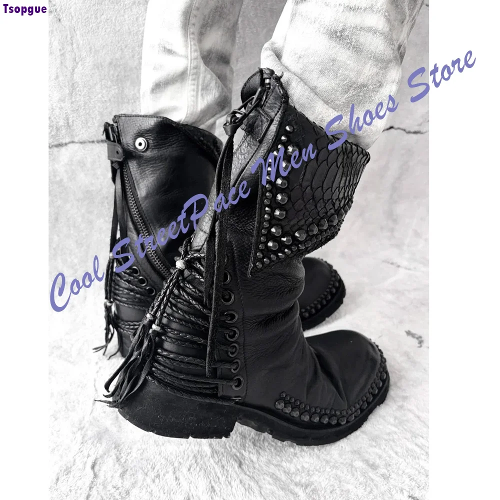 Men Gothic Rivet Mid Calf Leather Boots Punk Tassel Decor Distressed Back Strappy Fashion Men Riding Boots 2026 New Men Shoes