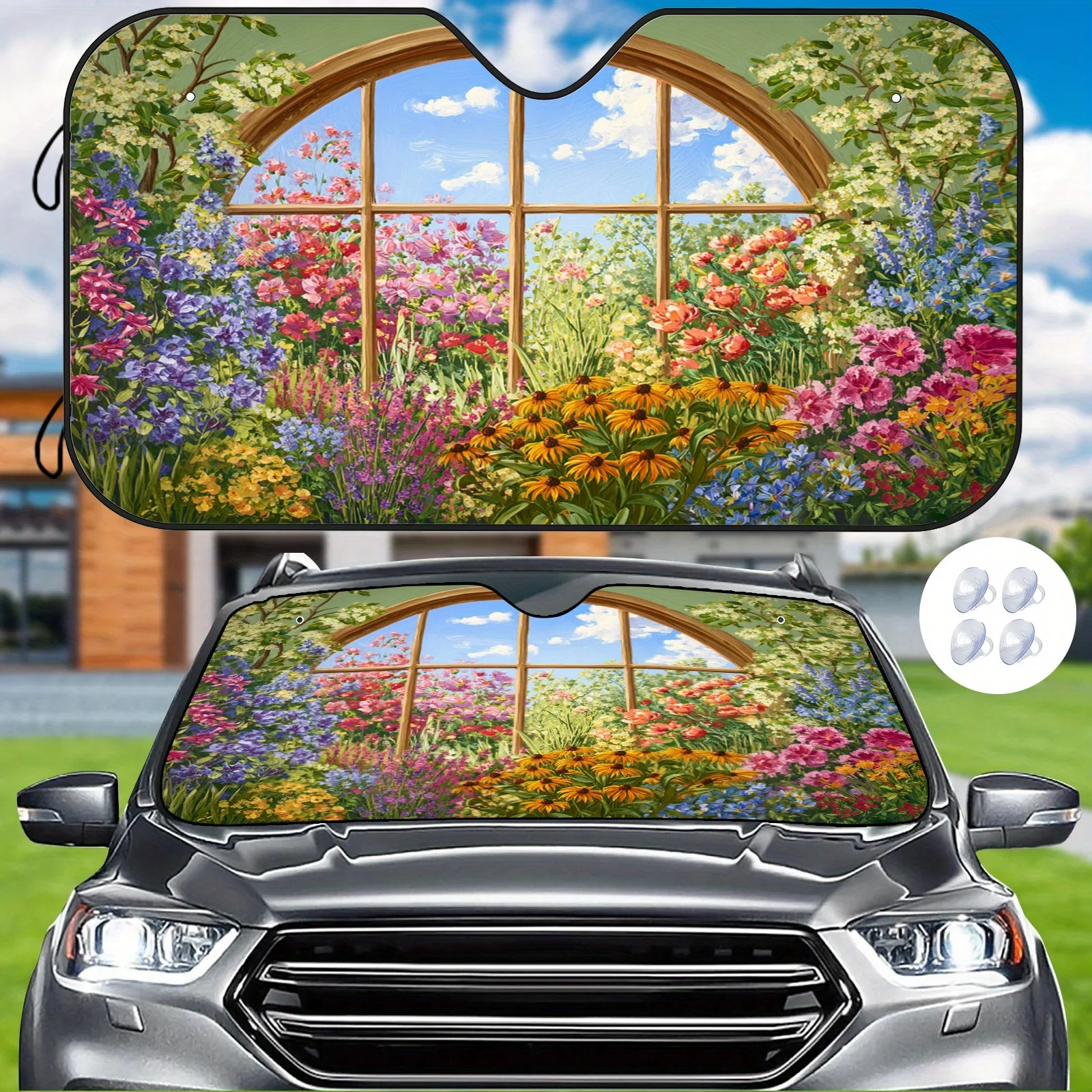 Window Garden Oil Painting Style Car Sunshade, Featuring A Fresh Pastoral Scene, Easy To Install And Durable, Includes 4 Suction