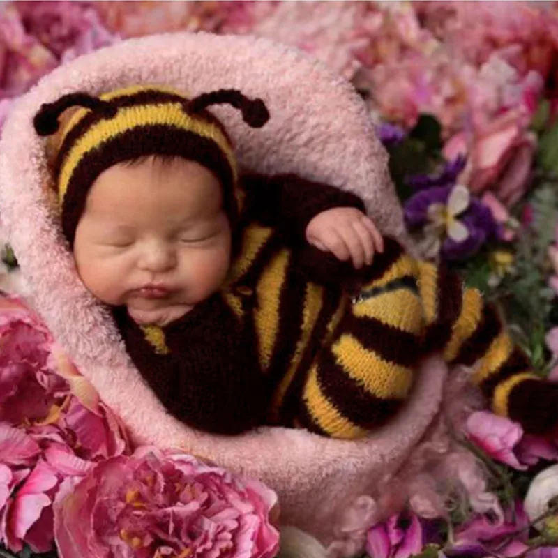 ❤Ropa de fotografía para recién nacido, gorro de abeja Mohair + monos, 2 unids/set, accesorios para fotos de bebé, trajes de punto