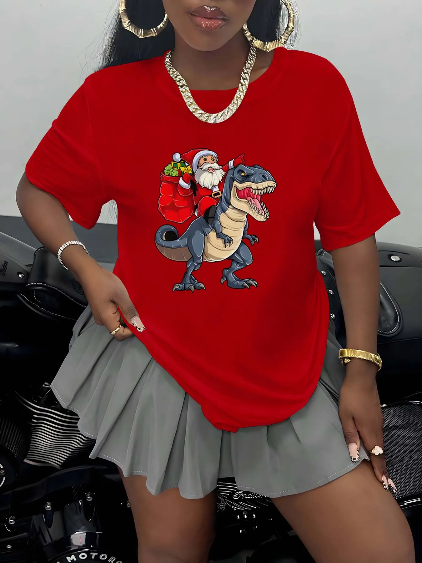 

Plus Size Santa Riding Dino Festive Fashion Line Whimsical Outfits Blending Christmas Cheer And Prehistoric Cool