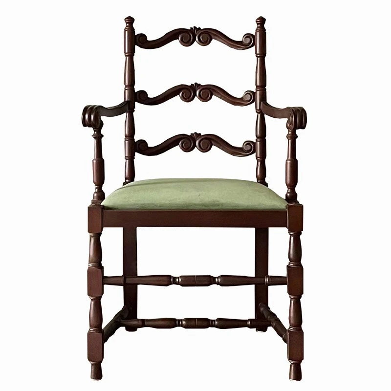 French retro solid wood dining chair carved log medieval home makeup chair armrest back book desk chair