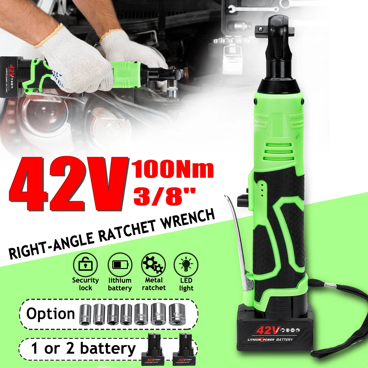 

42V 3/8 Cordless Electric Ratchet Wrench Angle Drill Screwdriver Scaffolding 100NM Rechargeable Electric Spanner with 2 Battery