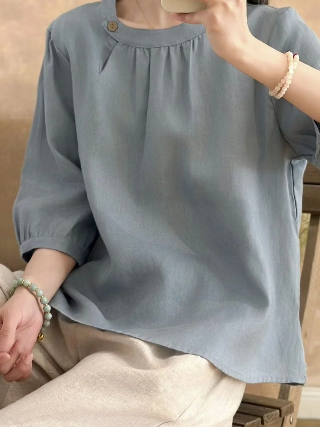 Retro New Chinese Style Cotton Linen round Neck Loose Women's Shirt Overhead Summer 2026 Breathable Comfortable Traditional C...