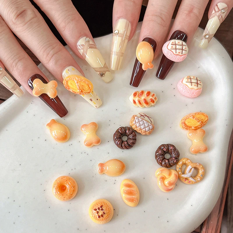 10Pcs Resin Simulation Food Nail Charms Kawaii Cartoon Donut Bread Nail Art Accessories 3D Charm For DIY Nail Decorations Salon