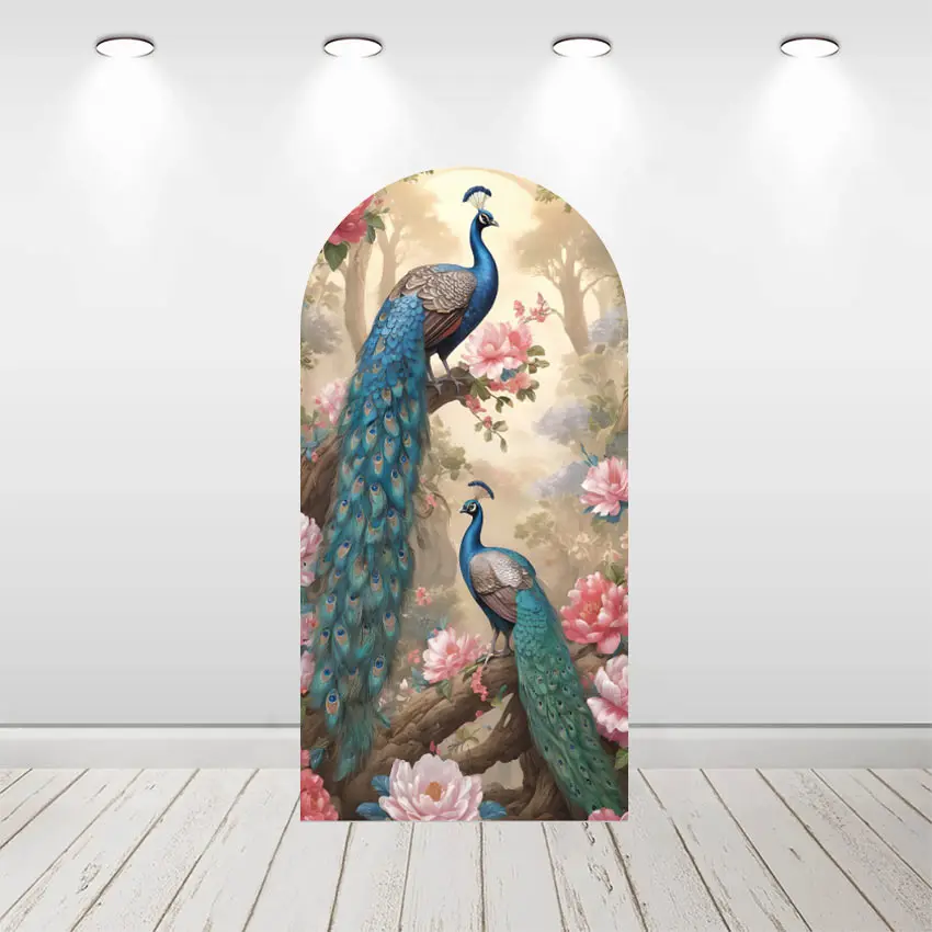 Mehofond Custom 2-Sided India Style Peacock Floral Adult Wedding Bridal Shower Party Cover Chiara Arch Background Decor Backdrop