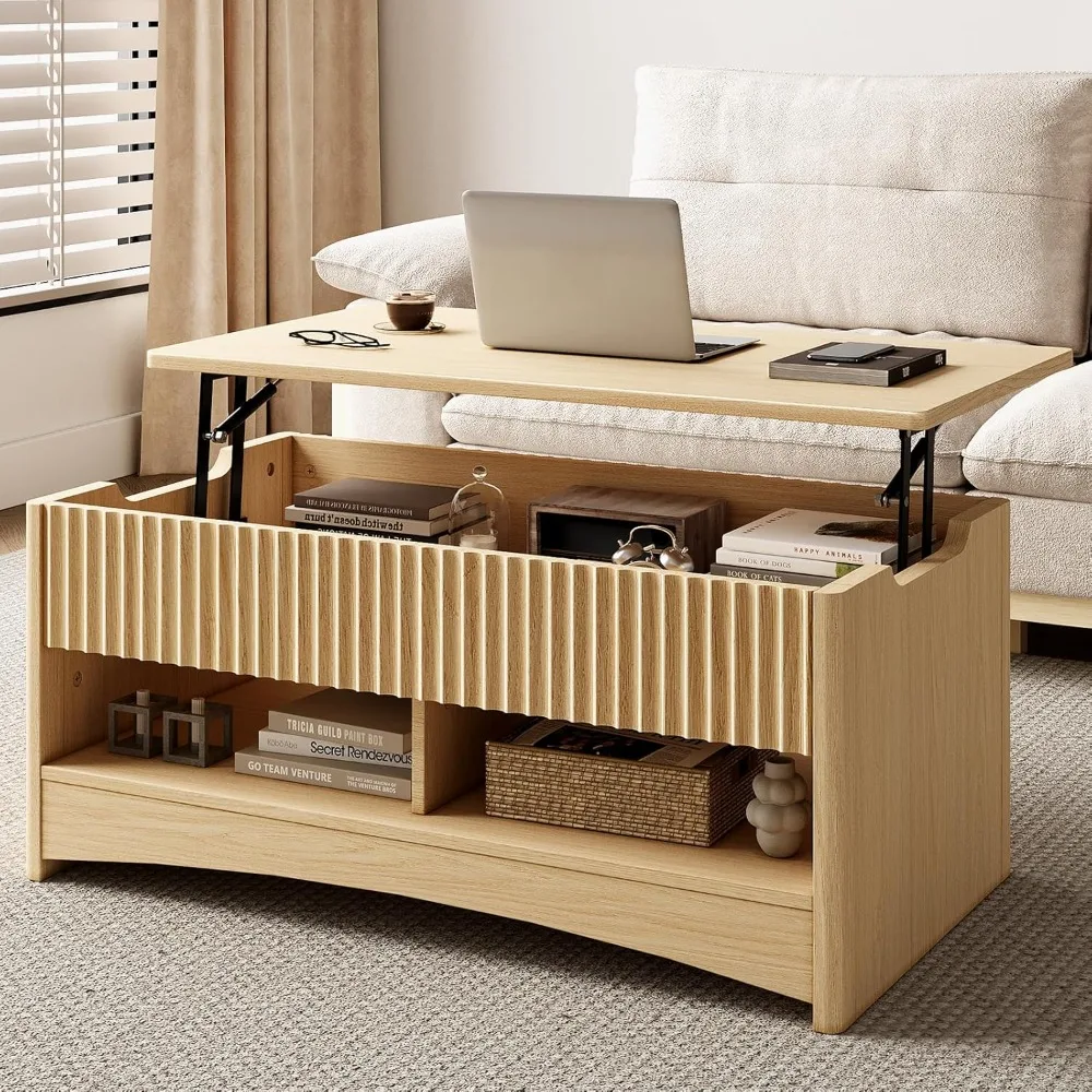 

Lift Top Coffee Table with Storage Shelf & Hidden Compartment, Modern Fluted Rectangle Dining Table for Living Room, Home
