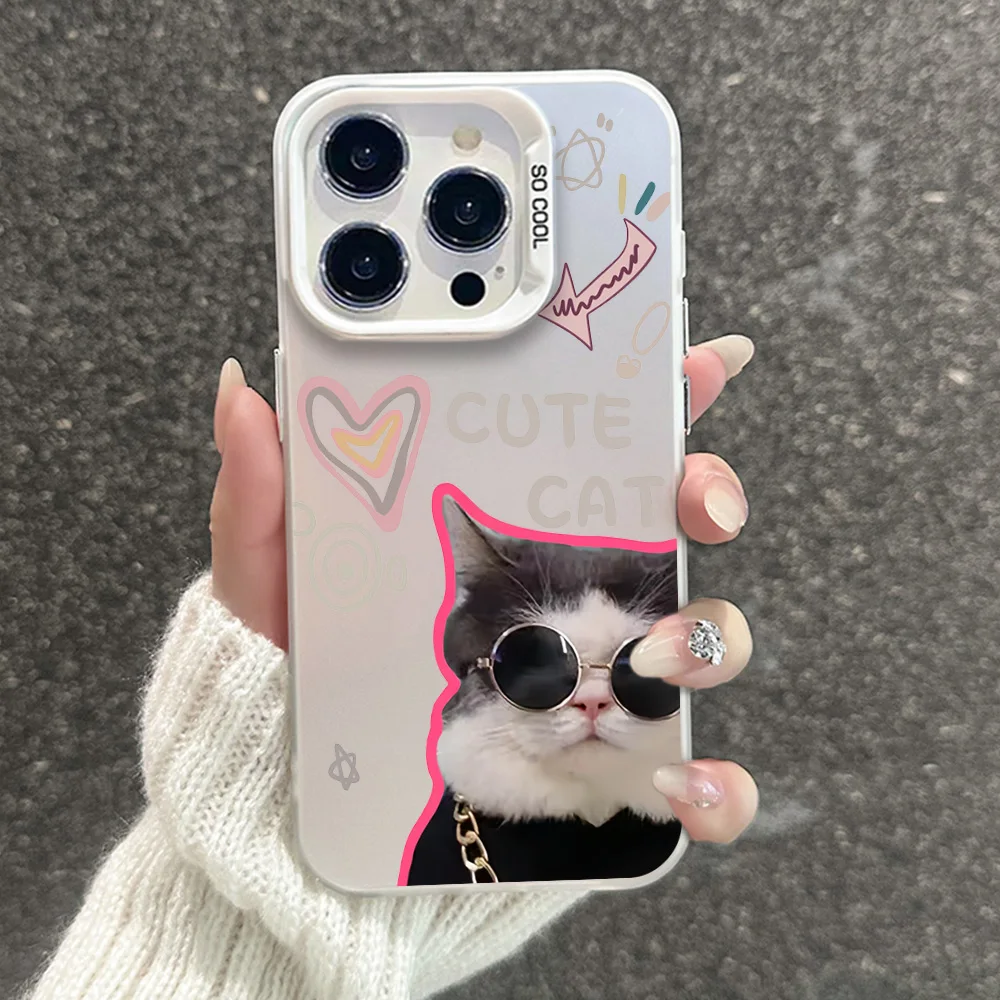 Cool cat with sunglasses Phone Case For iphone11 12 13 14 15 16 Pro Max Plus  fashion laser colorful silver IMD cover