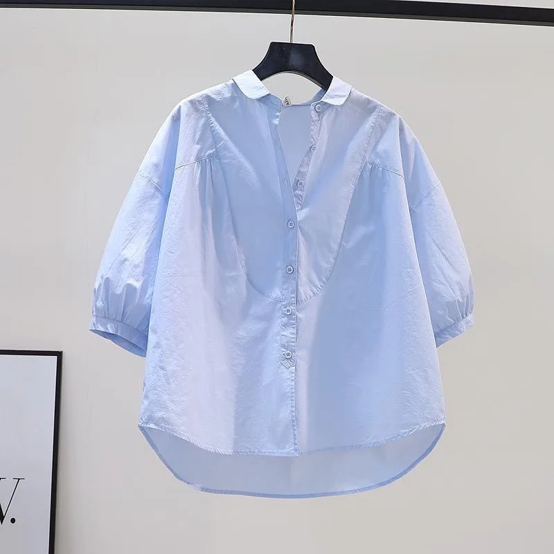 

Casual Cotton Shirt Loose Fit Seven-Quarter Sleeve Versatile Slimming Top Spring Summer New Style Collar Pure Color