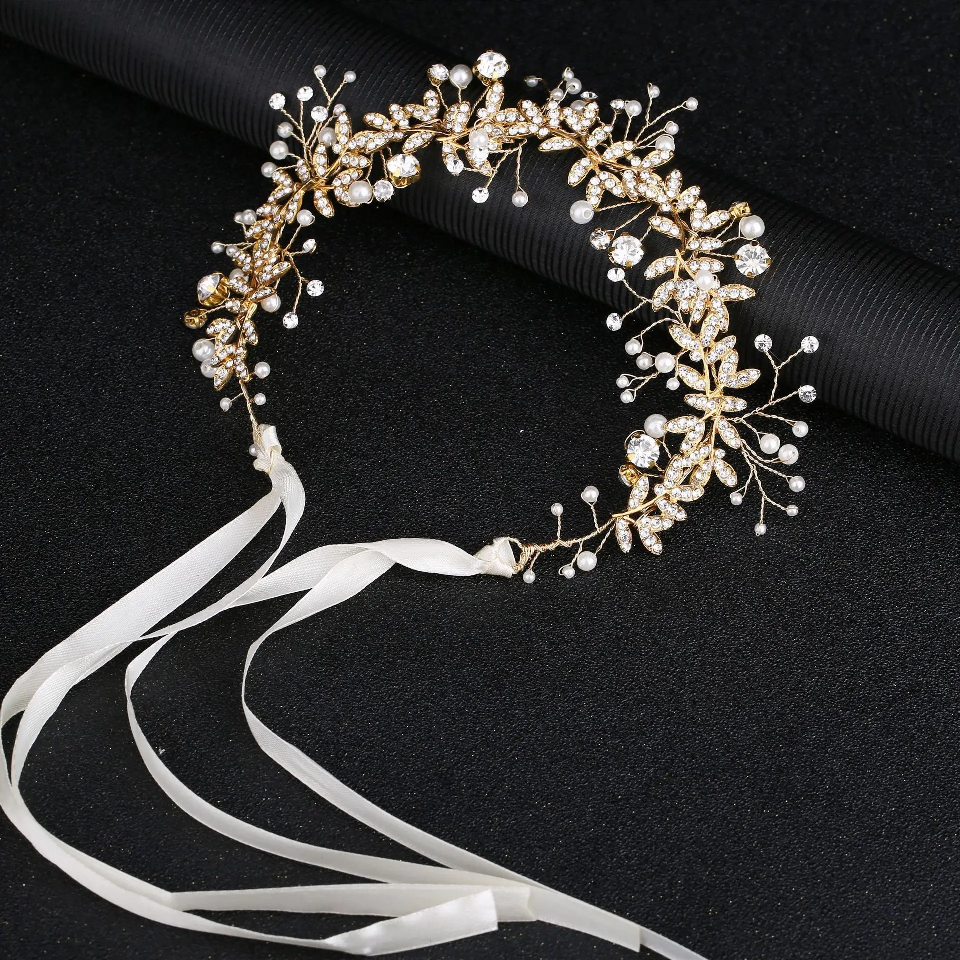 New Crystal Flower Headband Ribbon Bow Hairband for Bride Wedding Hair Accessories Pearl Head Flower Headbands Women Headwear