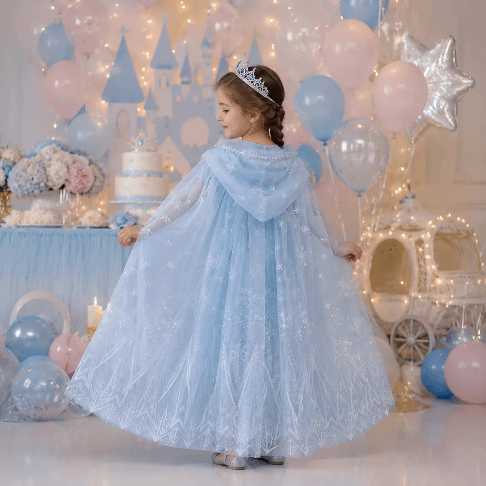 Halloween Mesh Snow Princess Cape Sequined Snowflake Print Children Cloak Sweet Shiny Shawl Cosplay Costume Cape Halloween Party