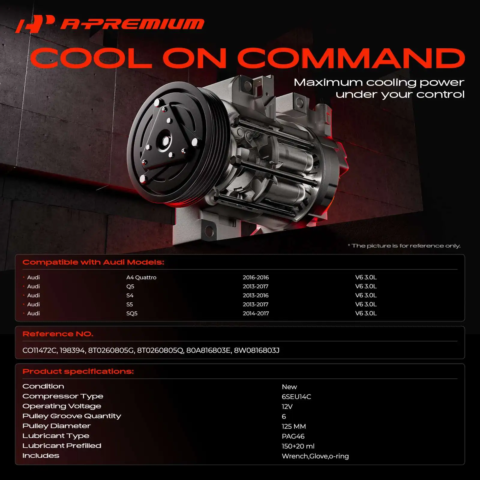 A-Premium AC Compressor with Clutch for Audi A4 Quattro 2016 Q5 S5 2013-2017 S4 2013-2016 SQ5 2014-2017