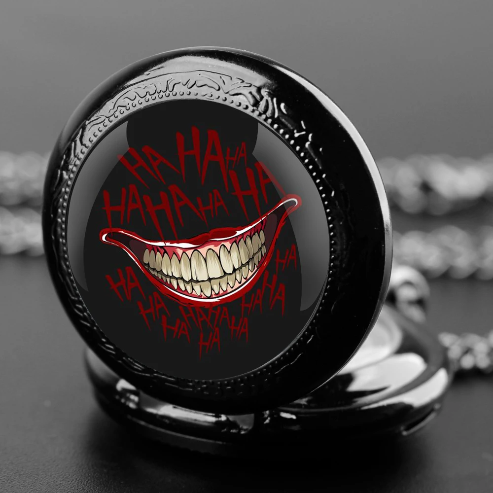 Delicate Gifts Quartz Pocket Watch Joker Laugh Design Glass Dome Necklace Pendant Clock for Mens Womens