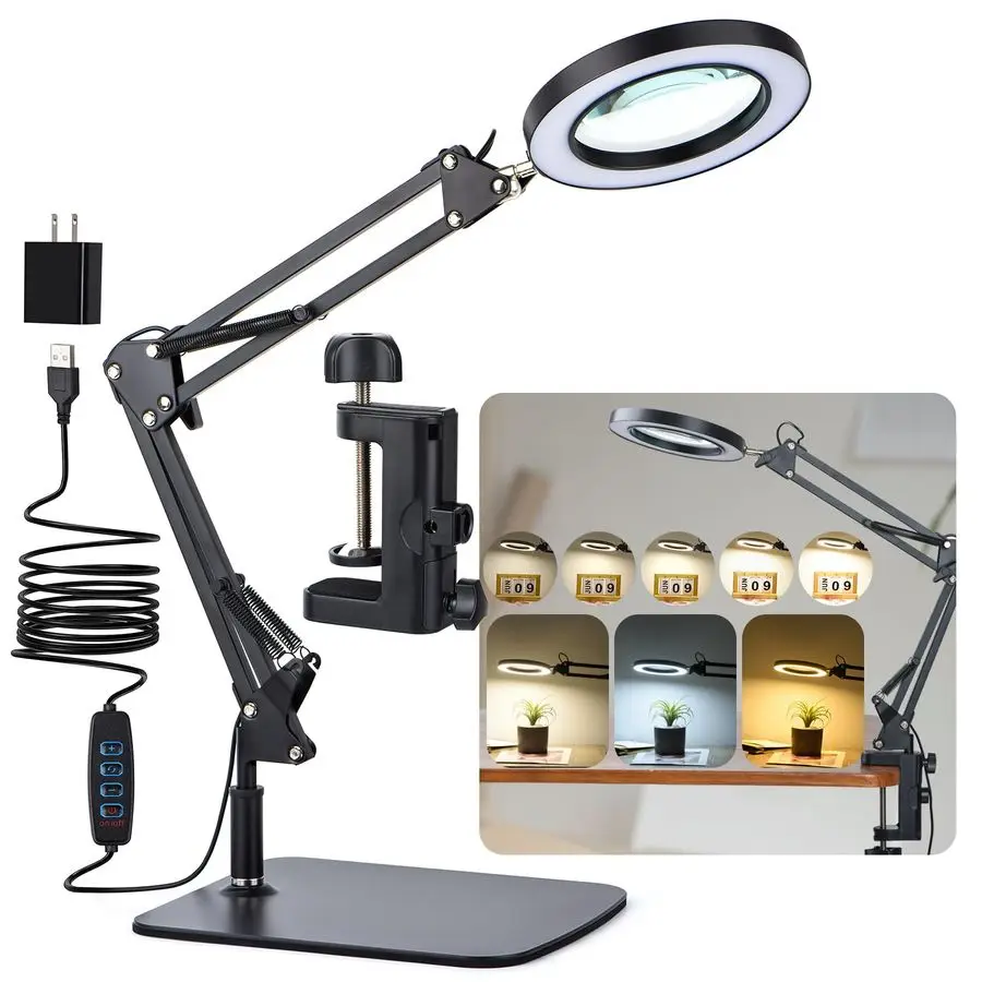

LED Magnifier Desk Lamp with Stand and Clamp, 3 Color Modes Stepless Dimming 5Diopter Glass Lens, Adjustable Swivel Arm Magnify