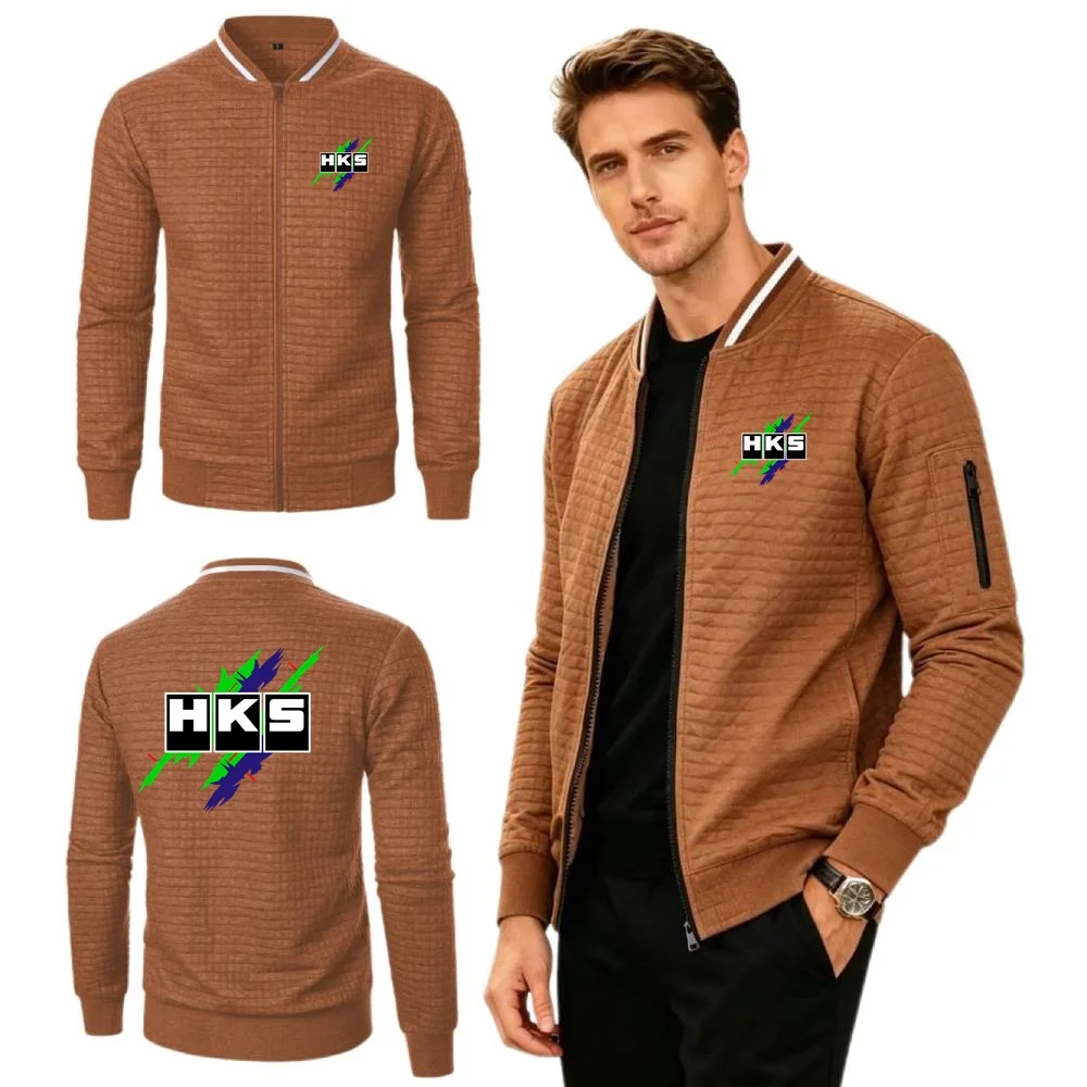 HKS Power and Sportser Jackets Daily Leisure Mens Sweatshirt Simplicity Baseball Collar Jersey Waffle Knit Coat Youth Streetwear
