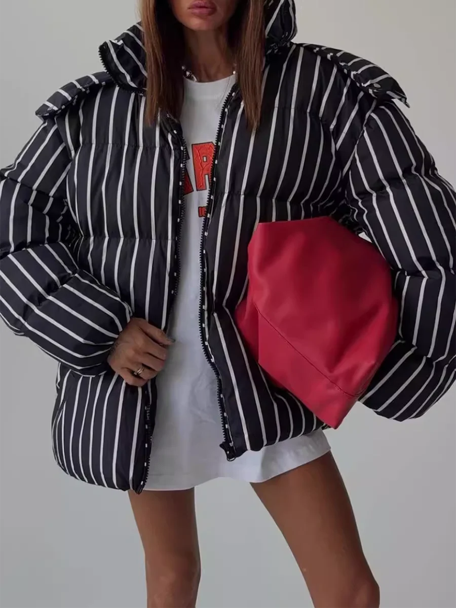 Twotwinstyle americano casual listrado para baixo casaco para mulher com capuz mangas compridas solto emendado zíper jaqueta feminina roupas de inverno