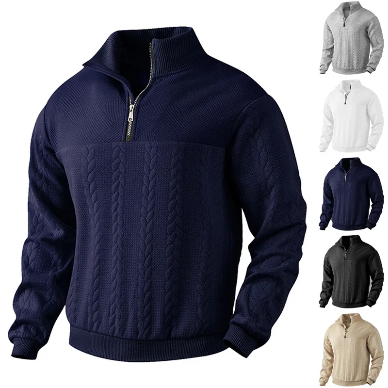 American Retro Casual Stand-up Collar Pullover, Zipper, Loose Knitted Patchwork, Long-Sleeved Outdoor Sweatshirt for Men