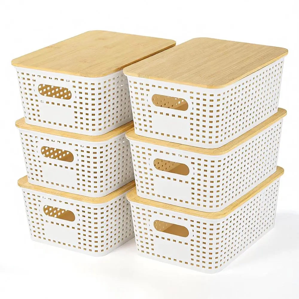 

Складные пластиковые контейнеры для хранения с бамбуковыми крышками - набор из 6 органайзеров для дома, офиса, игровой комнаты